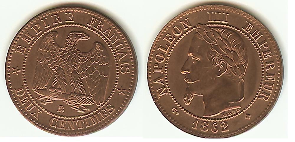2 Centimes Napoléon III 1862BB Strasbourg BU+